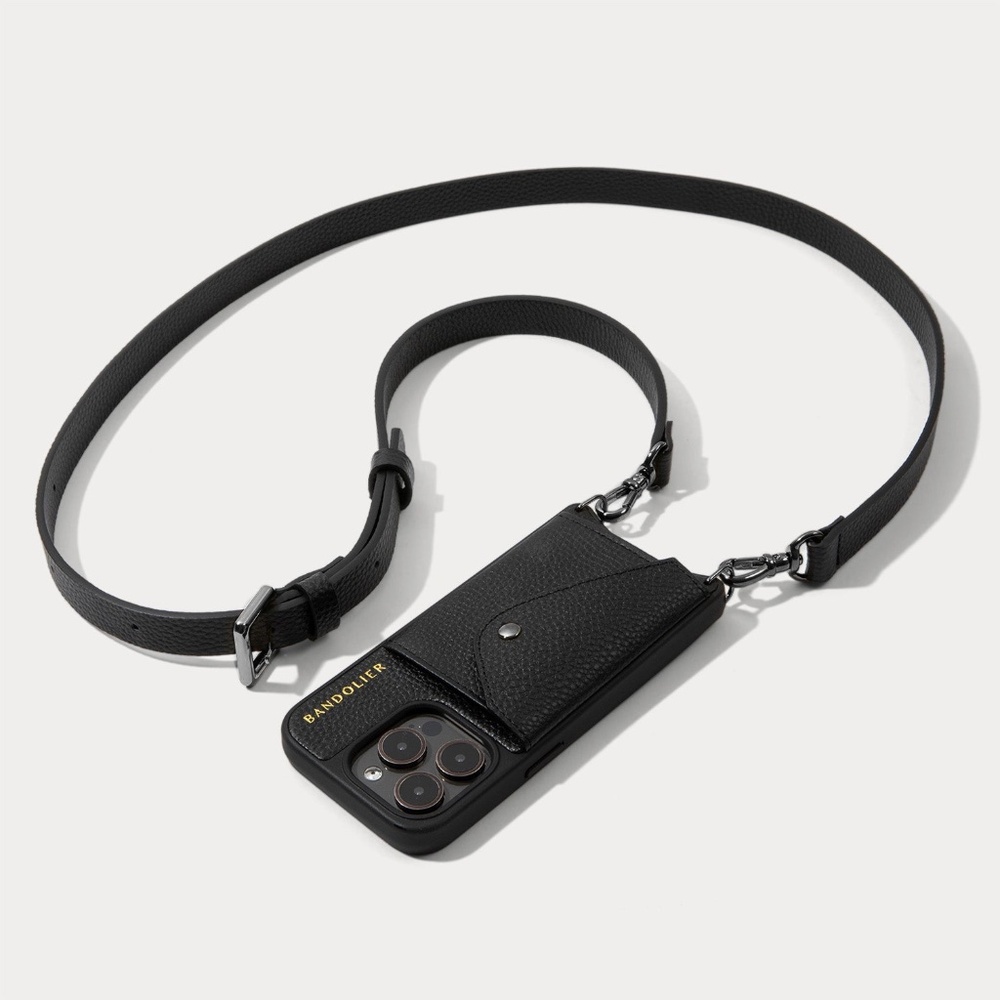 Bandolier Haley cross body phone case black/silver strap. Fits an iPhone 12 Pro